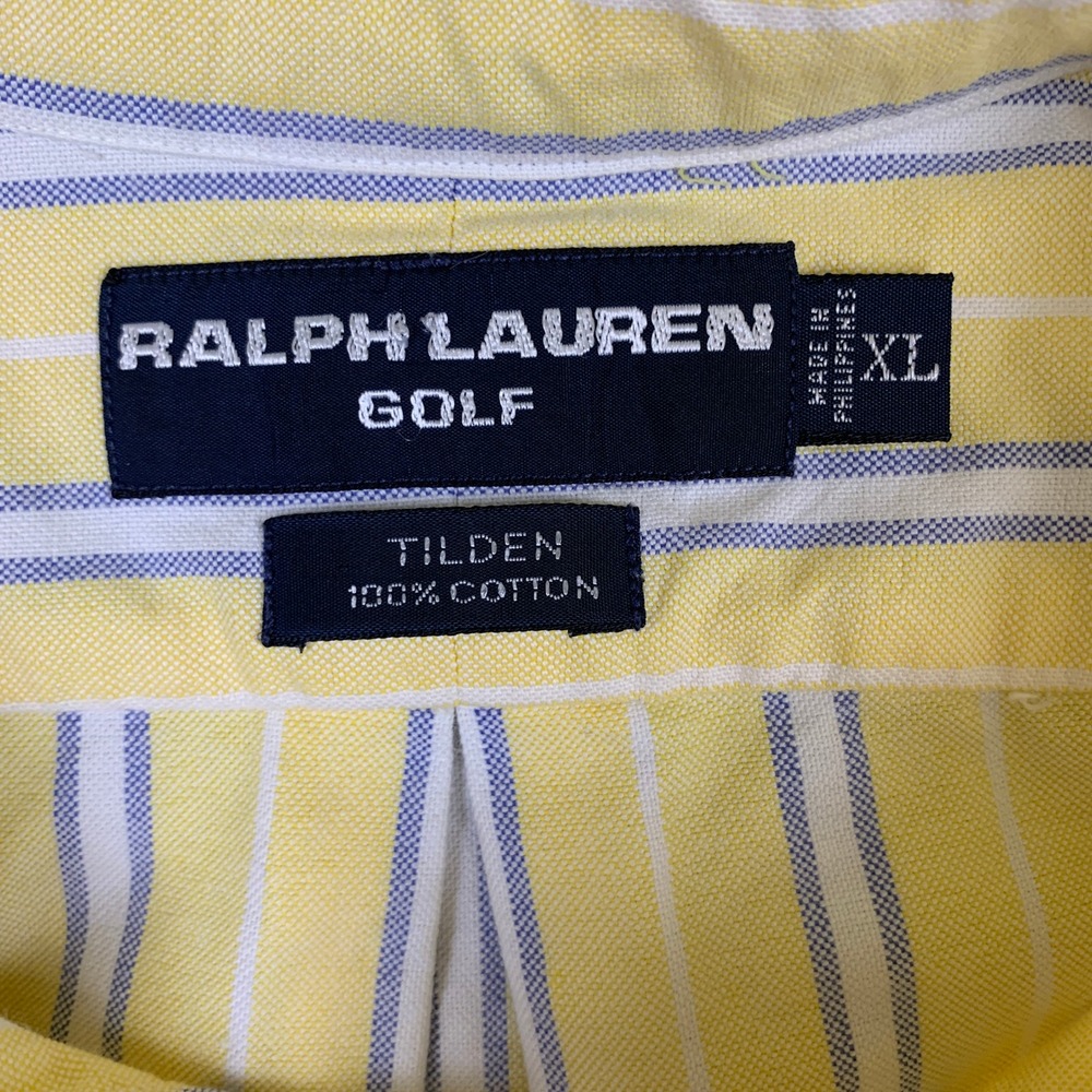 Ralph Lauren Golf Tilden Shirt Mens XL Yellow Blue Striped Cotton Oxford Crest - Picture 7 of 9